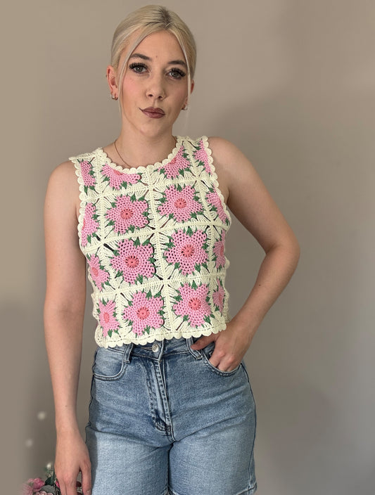 Häkeltop Flower Beige/Rosa