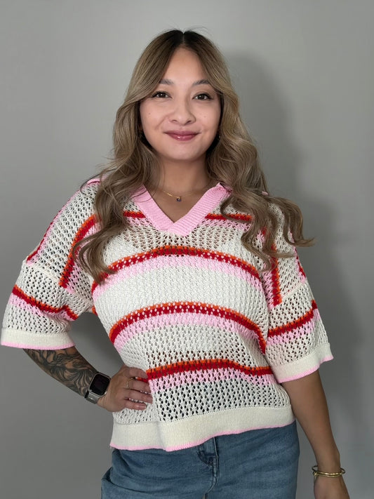 Polo Häkel Shirt, Beige / Rosa