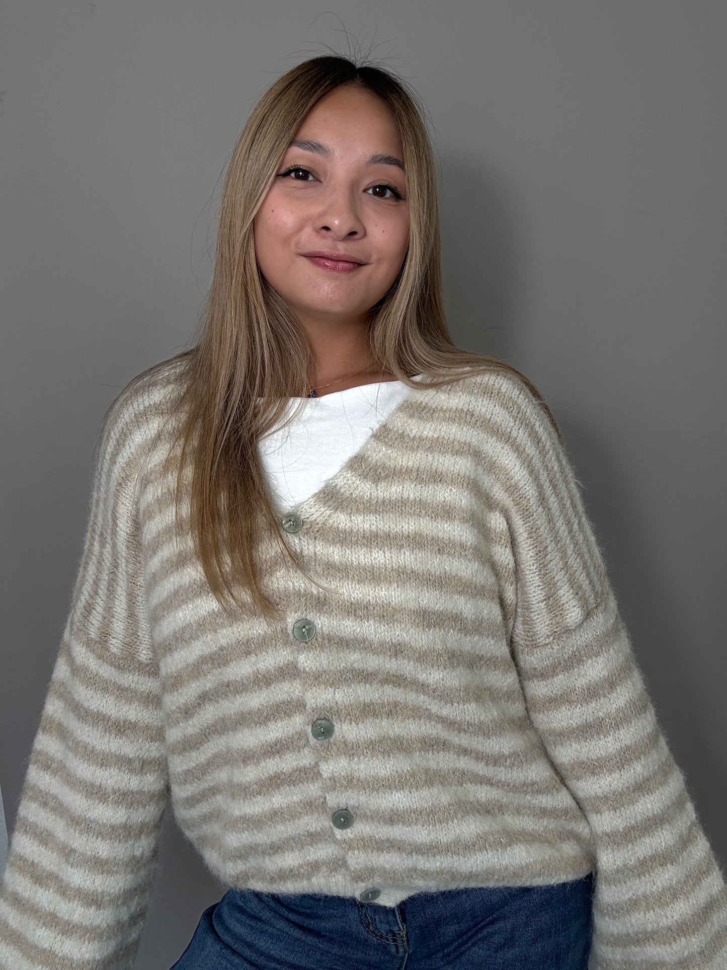 Gestreiftes Cardigan Emma Creme/Taupe