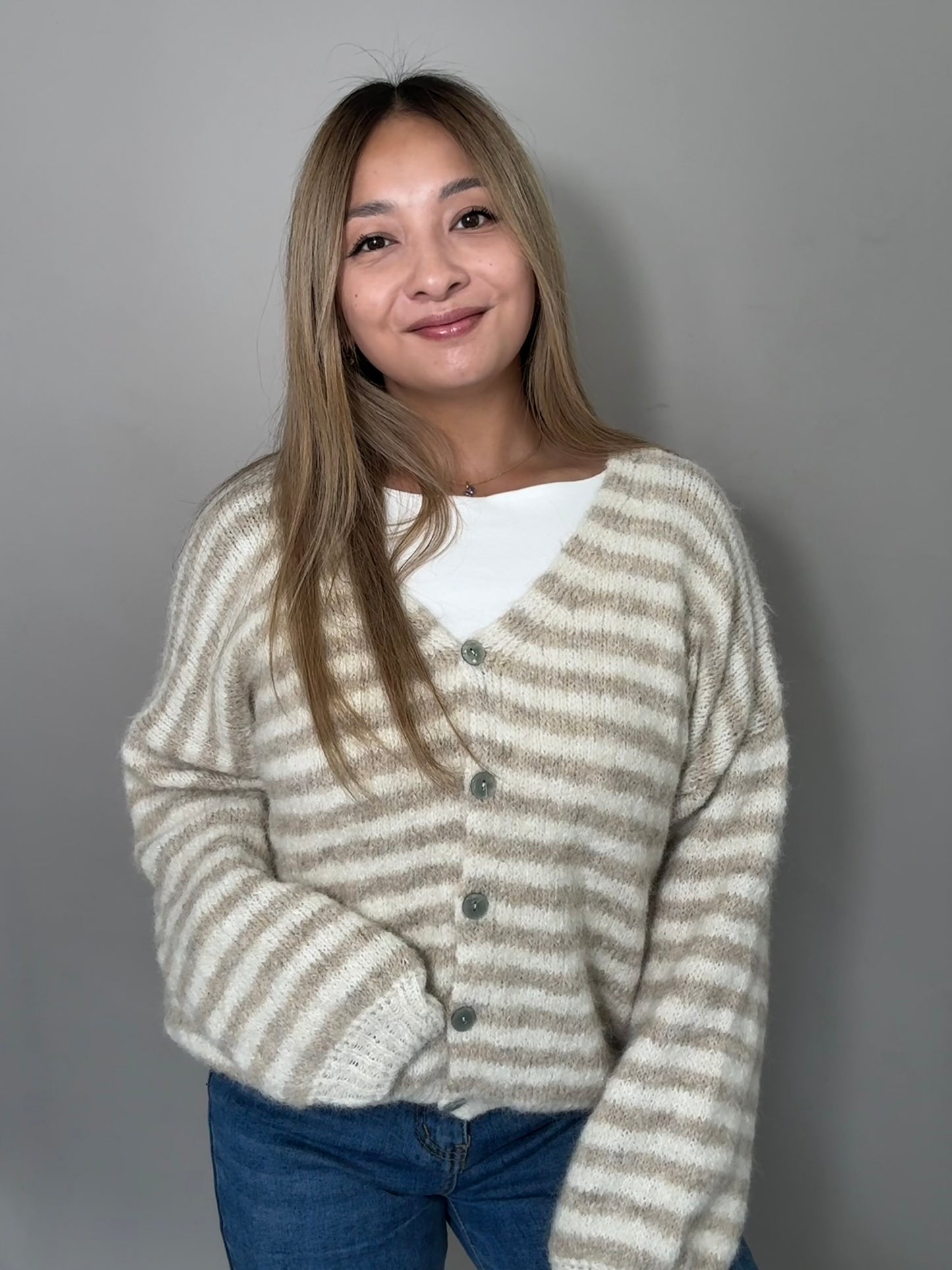 Gestreiftes Cardigan Emma Creme/Taupe