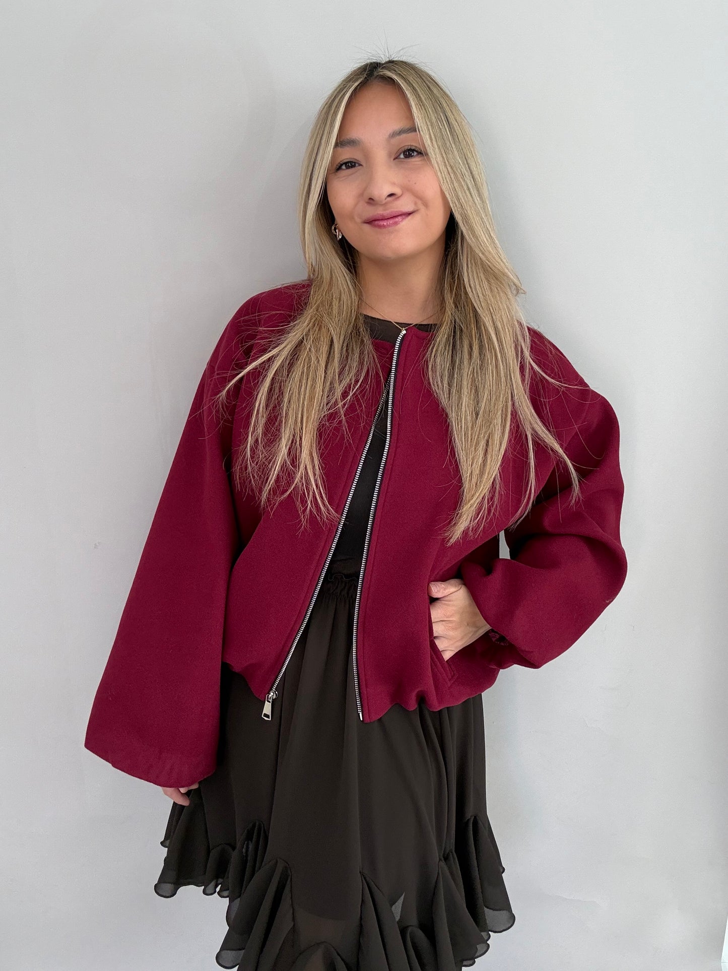 Bomberjacke in Wolloptik - Bordeauxrot