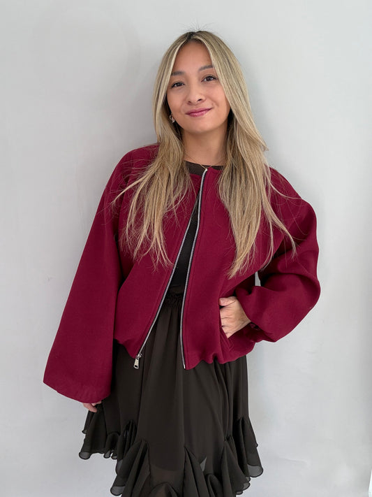 Bomberjacke in Wolloptik - Bordeauxrot