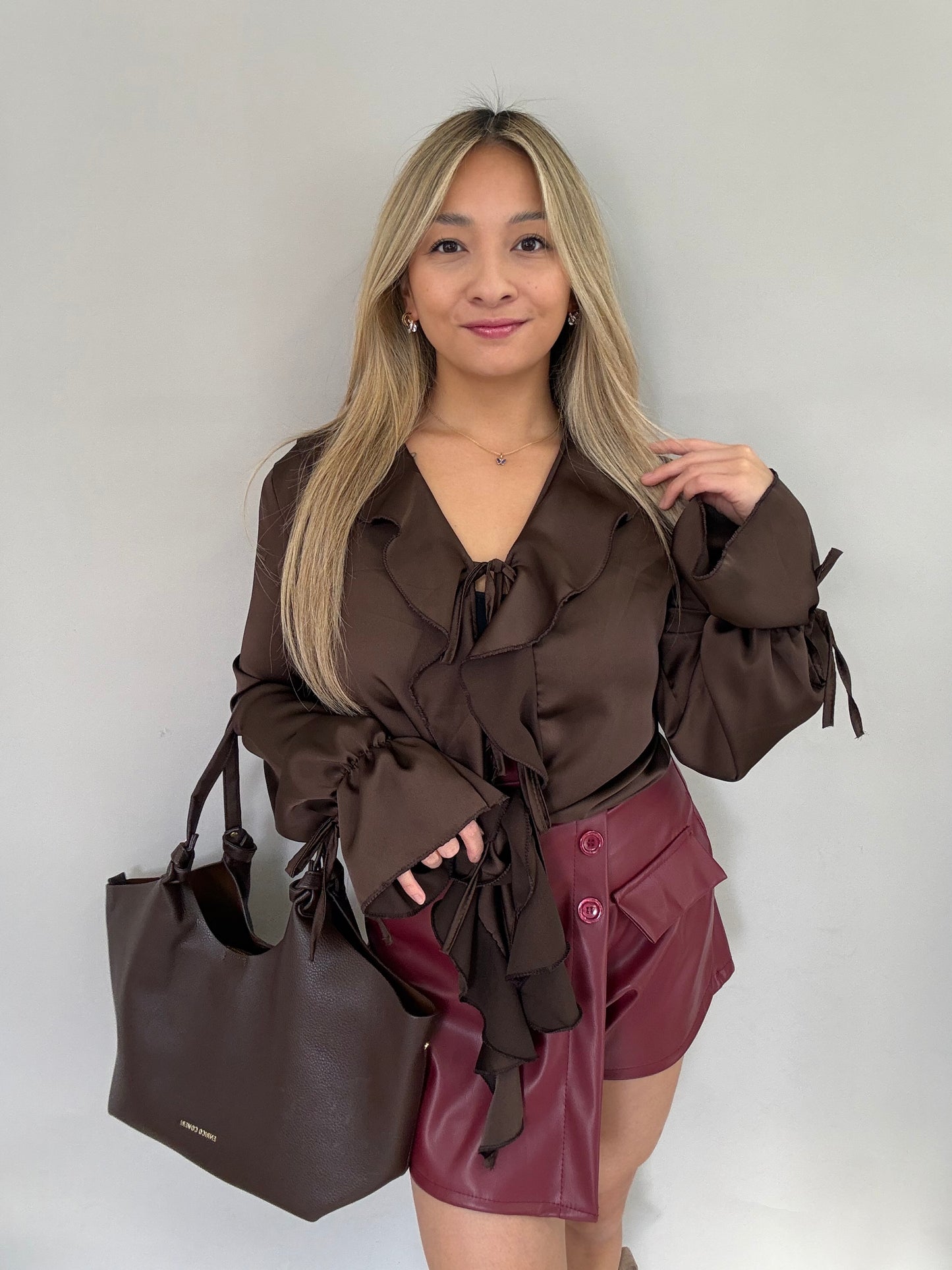 Bluse in Satin Optik - Braun