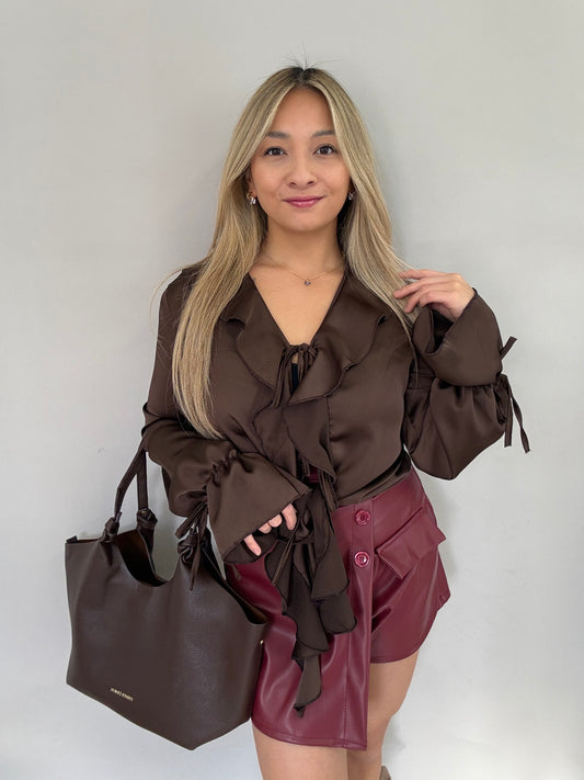 Bluse in Satin Optik - Braun