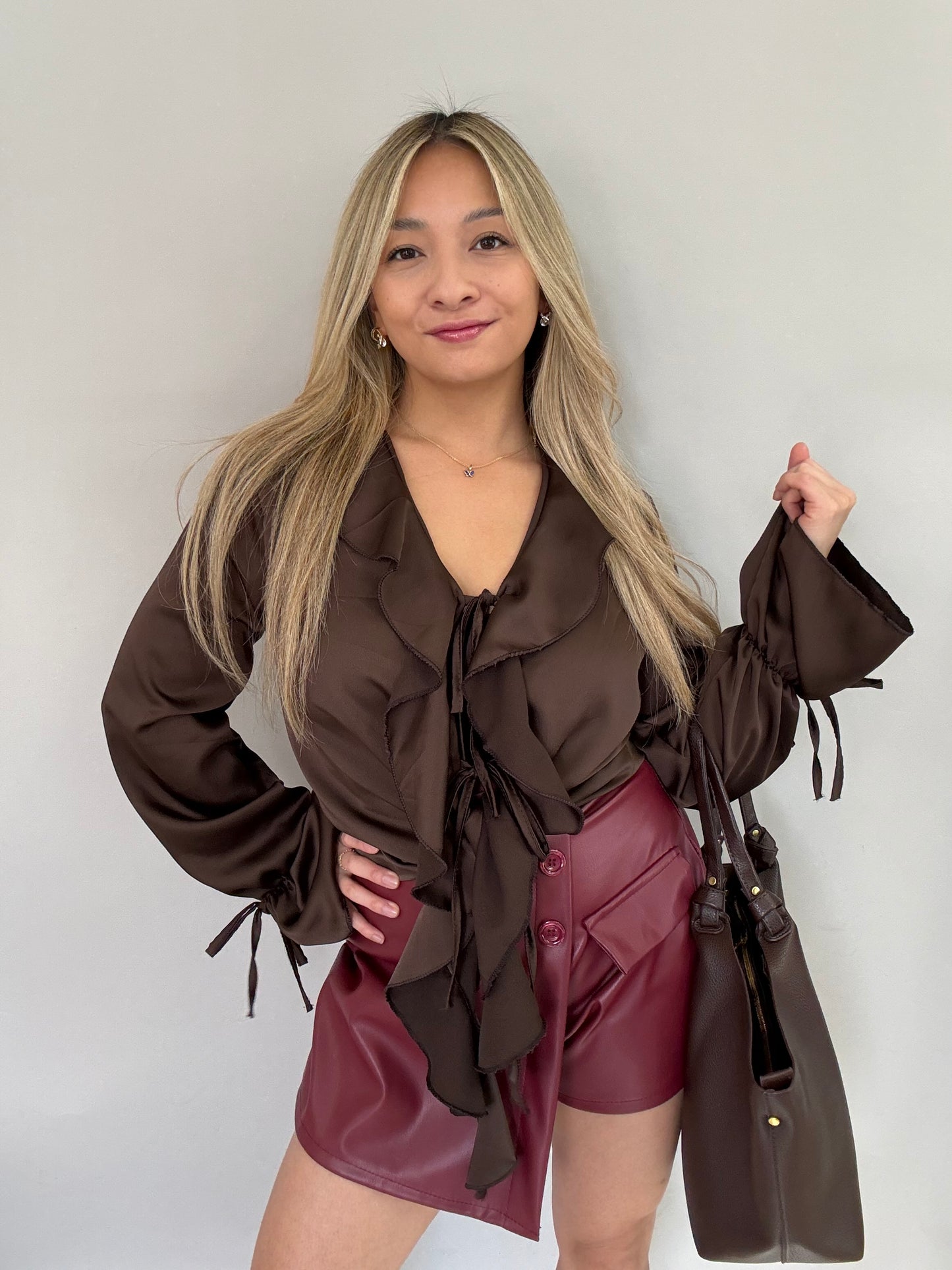 Bluse in Satin Optik - Braun